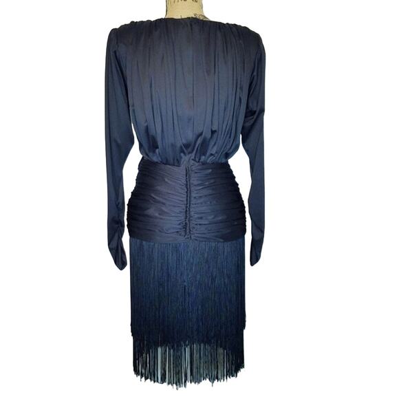 Vintage 80's Tadashi Fringe Rouched Surplice Cocktail Flapper style Dress Size 8 - Picture 5 of 12